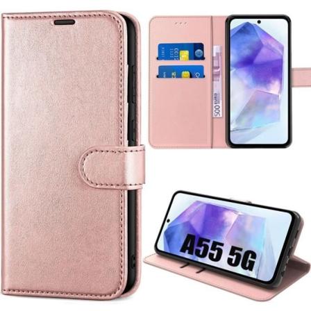 Taske til Samsung Galaxy A55 5G, PU-læderetui, stødsikker beskyttelse med kortholder og stativfunktion, Pink Rosa