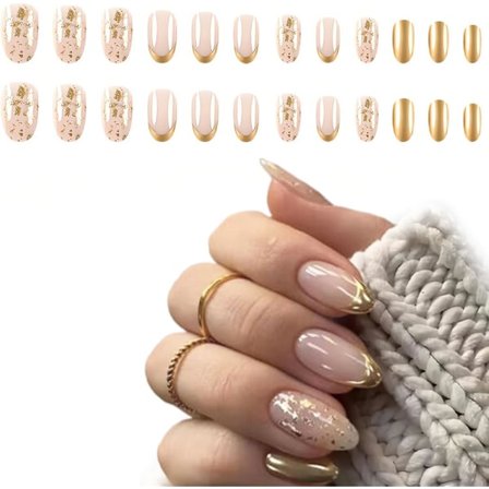 Set med 24 Guld Press On Naglar Fransk Manikyr Lösnaglar Press On Naglar Gel Lim Lösnaglar Nagelgel Konstgjorda Naglar