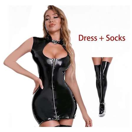 Seksikäs Wetlook Lackklänning Naiset Lyhyt Mini Bodycon Rinnat Paljastava Kapea PVC Lateksi Yökerhoklänning Sukkahousuilla
