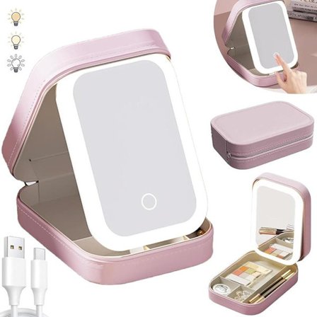 Sminkspejl med Lys, Kosmetikopbevaringskasse med LED-Spejl | Bærbar Sminkskasse - 3 Farver med Lysstærk Sminkskasse, Rejse Sminkskasse