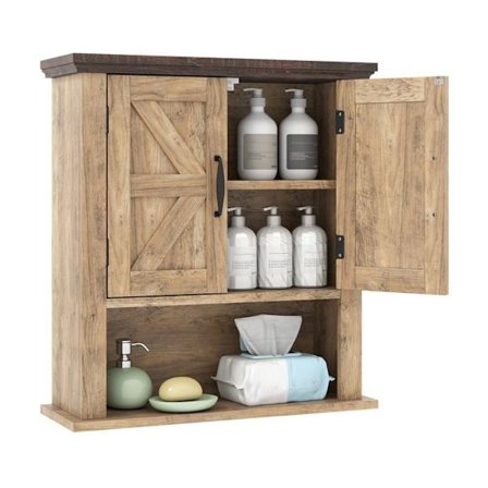 COSTWAY Väggmöbel Badrum med 2 Dörrar, Justerbar Hylla, Öppet Fack, Lantlig Stil för Toalett, Vardagsrum, Grå