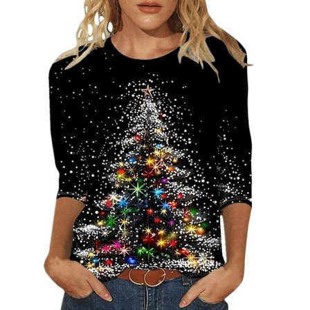 3/4 Ærme Juletrøjer til Kvinder Glitter Juletræ Print Toppe Bluser 2025 Festlige Hverdags Rundhalsede Højtid T-shirts #1