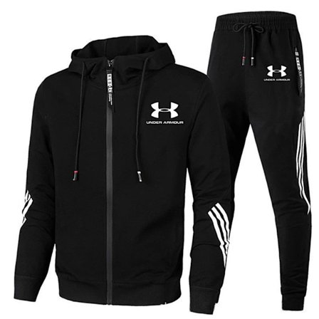 Herr Under Armour Sport Huvtröja & Byxor Set Långärmad Hel Dragkedja Hoodie Sweatshirt Jacka + Joggingbyxor Träningsbyxor Outfit Svart Black{FY}