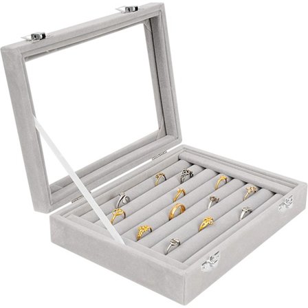 Grå glasring opbevaringsboks med 7 sektioner - Boks til ring, manchet