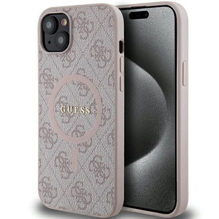 Guess 4G Collection Nahka Metal Logo MagSafe Case for iPhone 14/15/13 - Vaaleanpunainen