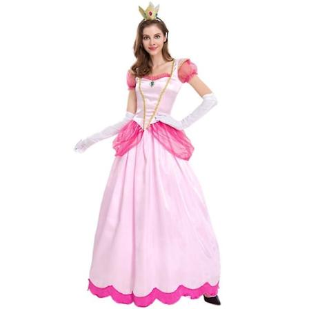 Super Mario Peach Cosplay-kostym för kvinnor, rosa prinsessklänning + handskar + huvudbonadskläder, set S