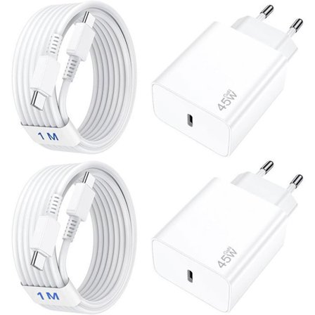 2 Hurtigoplader - E.f.connection - Kompatibel med Samsung - 45W - 2 USB-C kabler 1M - Hvid - Strømadapter