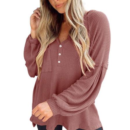 Dam Waffle Stickad Jumper Top Långärmad V Neck Pullover Fall