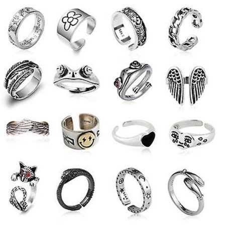 16 stk. Sølvbelagte Frøringe Sæt, Sød Dyreåbne Ringe Pakke, Vintage Goth Y2k Matchende Ringe, Sød (FMY)