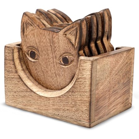 Sett med 6 drikkebrikker med holder - Håndlagde trekaffe, te, krus, kopp, vinglassbrikker (revdesign)