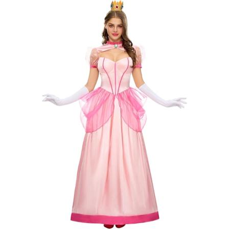 Rosa fersken damekjole med hansker og krone, prinsessekjole for Halloween damekostymer 2024, kostymefest-S M