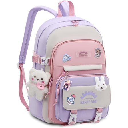 Skolesekker for jenter, 20 liters sekk for jenter med anheng i alderen 8-12 år, lett og vanntett Kawaii nylon skolesekk