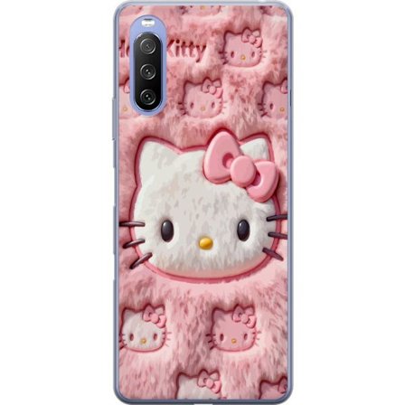 Kompatibel Mobilcover til Sony Xperia 10 III Lite Hello Kitty lyserød fluffy baggrund med ikonisk ansigt og kawaii-æstetik
