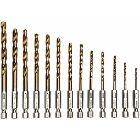 13 stk. HSS spiralbor (1,5-6,5 mm) med sekskantsskaft titannitridbelægning
