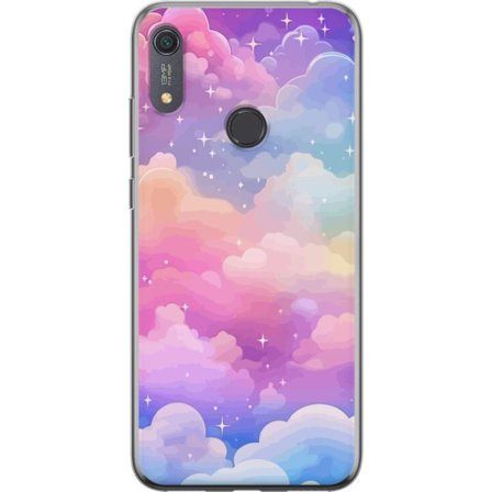 Kompatibelt Mobildeksel til Huawei Y6s (2019) Søt enhjørning med regnbuefarget hår mot en stjernebelagt pastellbakgrunn i kawaii-stil