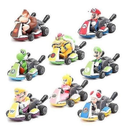 8 stk. Super Mario Kart Trekk Tilbake Bil Luigi Toad Bowser Prinsesse Figur Leker for Barn