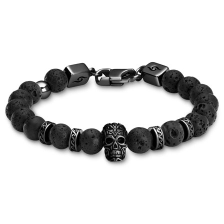 Rico | Bracelet en pierres de lave avec tête de mort en acier inoxydable noir pour hommes - Bracelets en acier - pour Hommes - Arkai