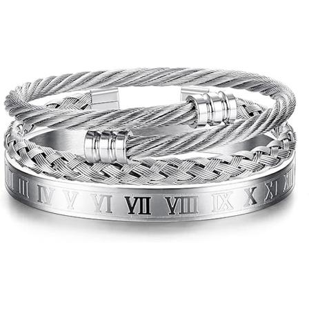 3-delt sett med armbånd for menn i rustfritt stål, luksuriøst romersk tallarmbånd, justerbart mansjettarmbåndsett i sølv