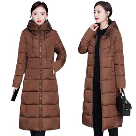 Vinterjacka för kvinnor med huva, lång över knä, varm, tjock vadderad jacka, vadderad bomullsjacka, avslappnad kappa