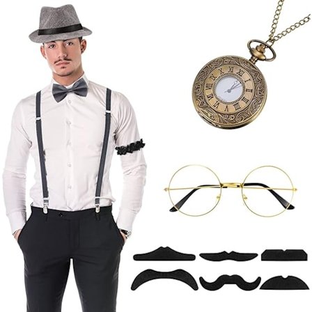 1920-talls Herre Gatsby 8-delt Tilbehørssett Hatt Seler Sløyfe