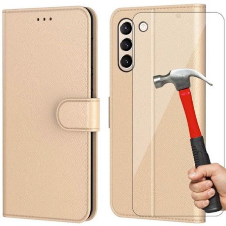 Coque och 2 Doppade Glas - Booling - för Samsung S21 FE - Guld - 360 Skydd - Lädereffekt