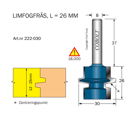 Cobolt 222-030 Limfugefres L=26 D=30/22/14,2 TL=63 S=8, Maskintilbehør & forbruk