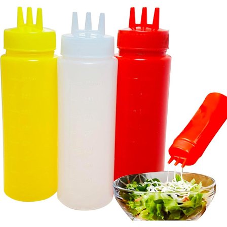 Tre klemflasker med tre hull hver for sauser 400 ml plastklemflasker kan brukes til krydder salatdressinger ketchup sennep og kan