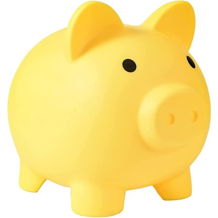 Sparebøsse i form av en tegneseriegris i plast (stor, gul)