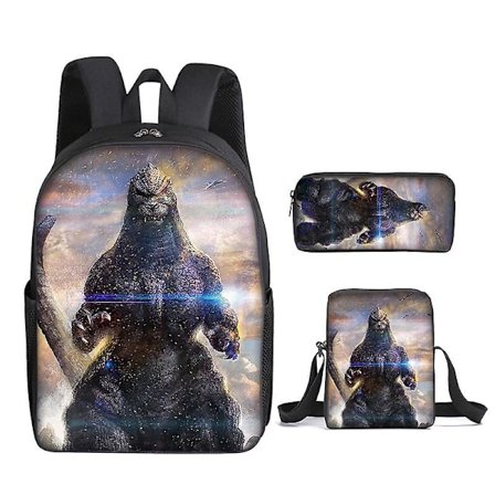 3 st/set Godzilla Vs Kong Ryggsäck Tryckt Väska Skolväska Med Pennfodral Messenger Bag DB