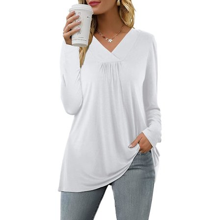 Dame Casual Topper V-hals T-skjorte Kort/lang Erme Plisserte Longine Skjorter