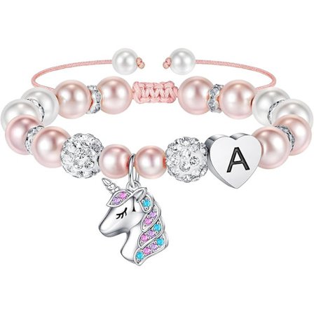 Julklappar till barnbarn flickor - CZ Initial Unicorn Armband Justerbart Rosa Pärla och Rhinestone Bollar Hjärta Initial Unicorn Armband Smycken B