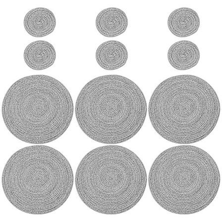 12 stk runde plassmatter og coasters sett (15 tommer x 15 tommer og 4,33 tommer x 4,33 tommer) grå