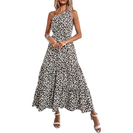 Sommarblommig Klänning för Kvinnor, En Axel, Ärmlös, Knyt, Rufflad Kant, Flytande Bohemisk Maxiklänning