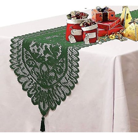 Grøn 13x60'' Julebordløber med Broderi og Blonder med Kvaster