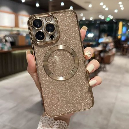 iPhone 17PRO Skal Champagne Guld Damm Skärm och Blixtmålat Magnetiskt Mjukt Skal