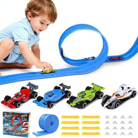 Flexible Car Track for Kids – 3.9m Double-Sided Race Track with 4 Cars & Suction Cups, Fun Playset for Boys & Girls