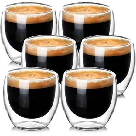 Espressokopper Sæt (6 x 80 ml), Espresso Glas Dobbeltvæggede Glas af Borosilikatglas - Tåler Opvaskemaskine Latte Macchiato Glas, Cappuccino Kopper