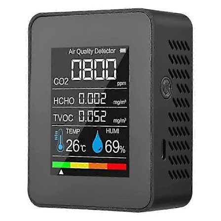 5 i 1 Luftkvalitetsmåler TVOC HCHO Temperatur Fuktighet CO2-måler, USB Oppladbar CO2-detektor