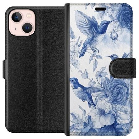 Kompatibelt Plånboksfodral till Apple Apple iPhone 13 mini Fåglar och blommor blå romantiskt mönster