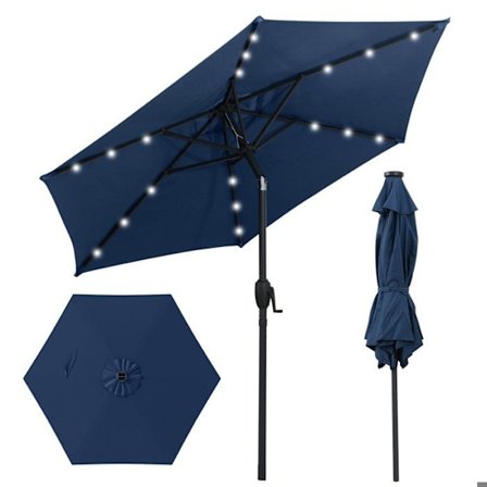 Solar Garden Parasol 230 cm - 18 LED Lights - COSTWAY - Tilt with Push-Button Crank - Ventilated Canopy Blue