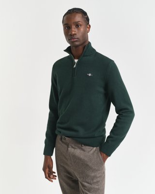 GANT - Bomullsgenser med half-zip til herre tartan green