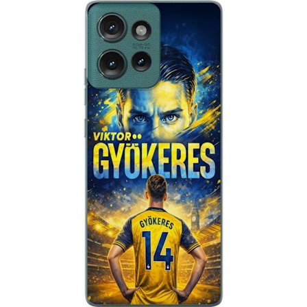 Kompatibelt Mobildeksel til Motorola Motorola Edge 50 Viktor Gyökeres fotballplakat i gult og blått med dramatisk stadionbakgrunn, sportillustrasjon