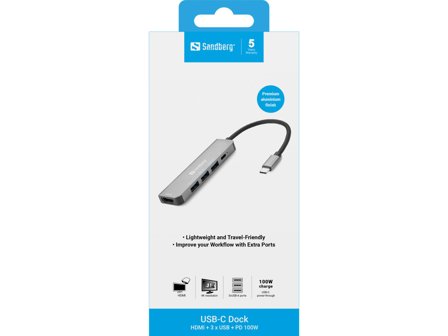 Sandberg USB-C Dock HDMI+3xUSB+PD 100W - dokkingstasjon - USB-C - HDMI