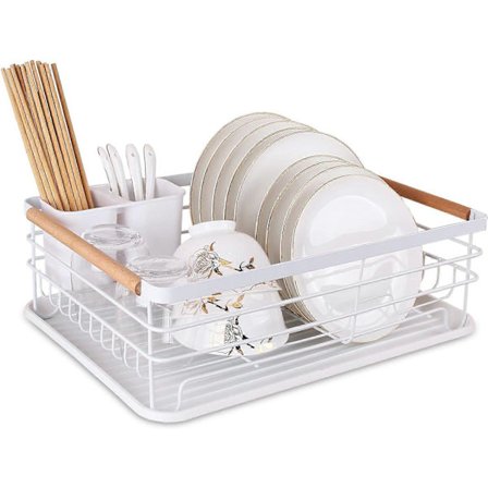 Oppvaskstativ med avtakbar dryppbakke, metall kjøkken oppvaskstativ organizer med trehåndtak, oppvaskstativ