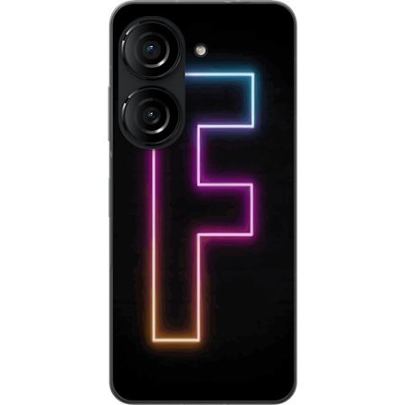 Kompatibel Mobilcover til Asus Asus Zenfone 10 Neonbogstav F i lyserød, blå og gul lyskanter mod en mørk baggrund, grafisk bogstavillustration med