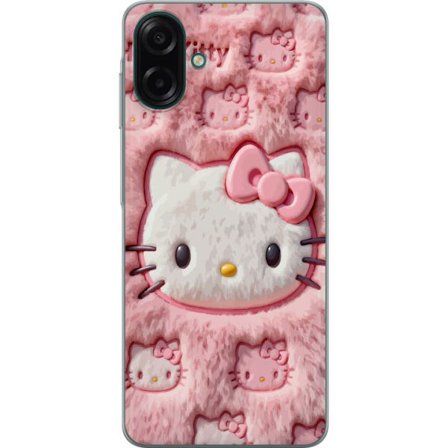 Yhteensopiva Puhelinkuori Samsung Galaxy A07 4G Hello Kitty vaaleanpunainen pörröinen tausta, jossa on ikoninen kasvot ja kawaii-esteettisyys