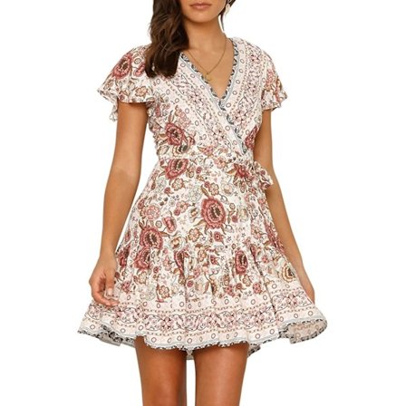 Womens Summer Wrap V Neck Bohemian Floral Print Ruffle Swing A Line Beach Mini Dress