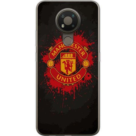 Yhteensopiva Puhelinkuori Nokia Nokia 3.4 Manchester United logo punaisella ja keltaisella värillä, raikas urheilullinen tausta