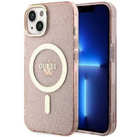 Guess GUHMP14MHCMCGP iPhone 14 Plus 6.7" vaaleanpunainen Glitter Gold MagSafe kovakotelo