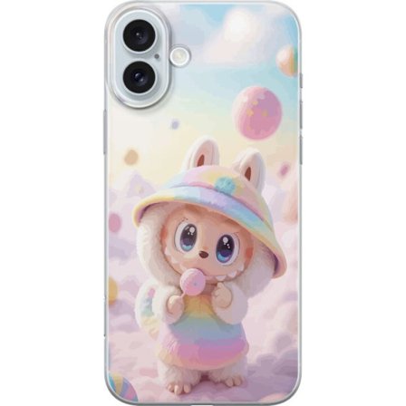 Kompatibelt Mobildeksel til Apple iPhone 16 Plus Regnbuedrømmenes Pastell Design myk drømmeaktig stil med søt figur i regnbueklær og lyse skyer i bak